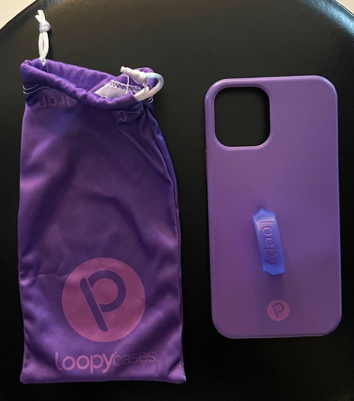 Loopy Phone Case iPhone 12 Purple, 1 loop, and purple dust bag