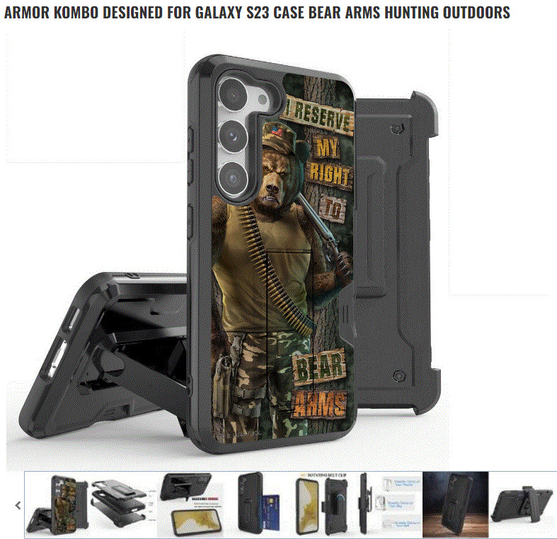 BEAR ARMS HUNTING OUTDOORS GREEN STAND BELT CLIP BLACK COVER CASE For Galaxy S23