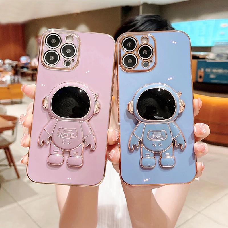 Astronaut Stand Phone Case Plating Silicone Cover For iPhone 13 12 Pro MAX 11 XS gallery