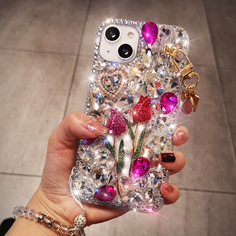 Flower Women/Girl Rhinestone Bling Glitter Diamond Rubber Clear Back Phone Case gallery
