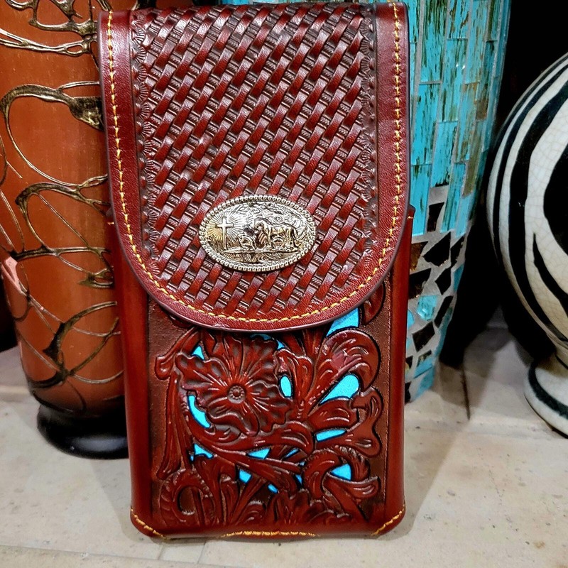XL Praying Cowboy Western Phone Holster basketweave floral brown& teal Lasercut