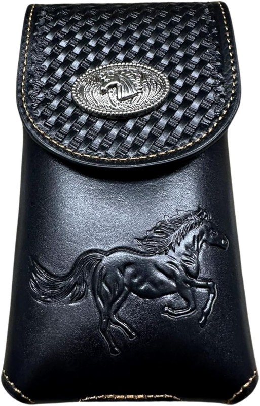 Western Leather Cell Phone Holster Case Embossed Stallion Horse Concho Black