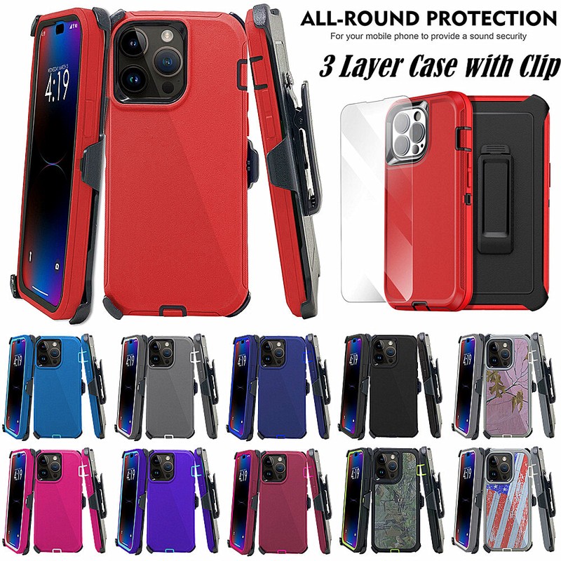 For iPhone 15 Plus 15 Pro Max Shockproof Defender Hard Case w/Belt Clip & Screen