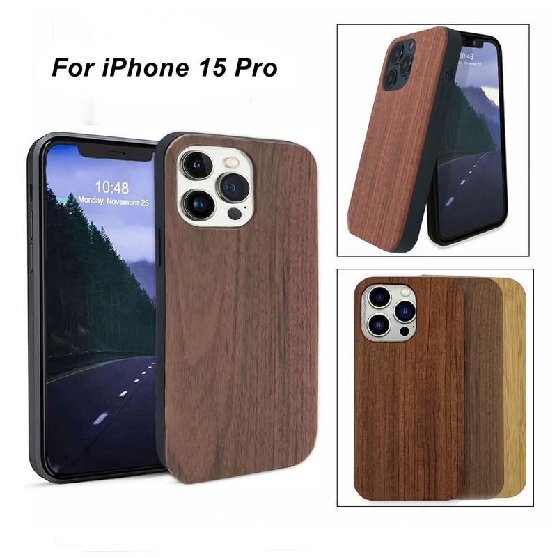 For iPhone 15 Pro – Real Wood – Hybrid Shockproof TPU Cover Wooden Case