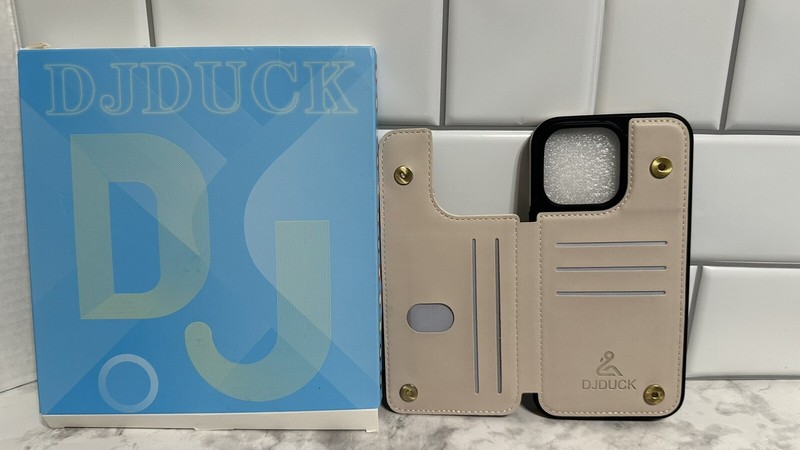 DJDUCK iPhone 15 Pro Max Wallet Phone Case Card Holder RFID Block White Leather