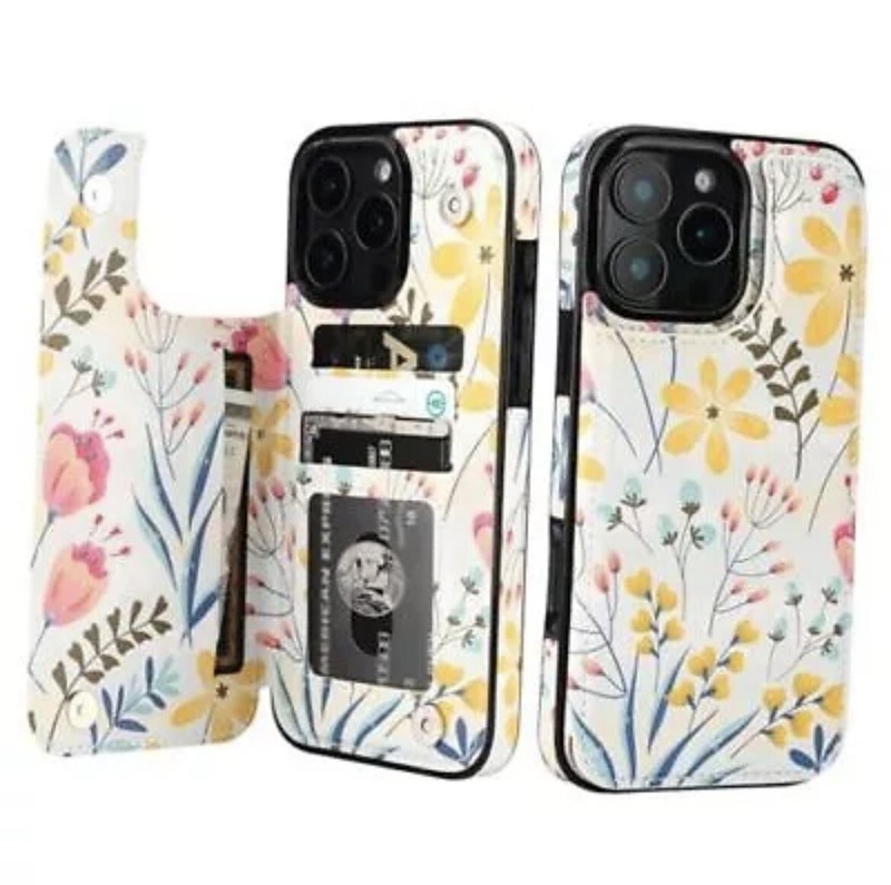 iPhone 16 Pro Max Wallet Case with Card Holder Pattern Back Floral Flower