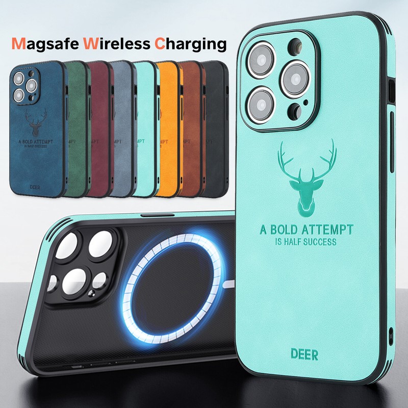 For iPhone 15 14 Plus 13 MagSafe Magnetic Leather Cover Elk Deer Back Case gallery