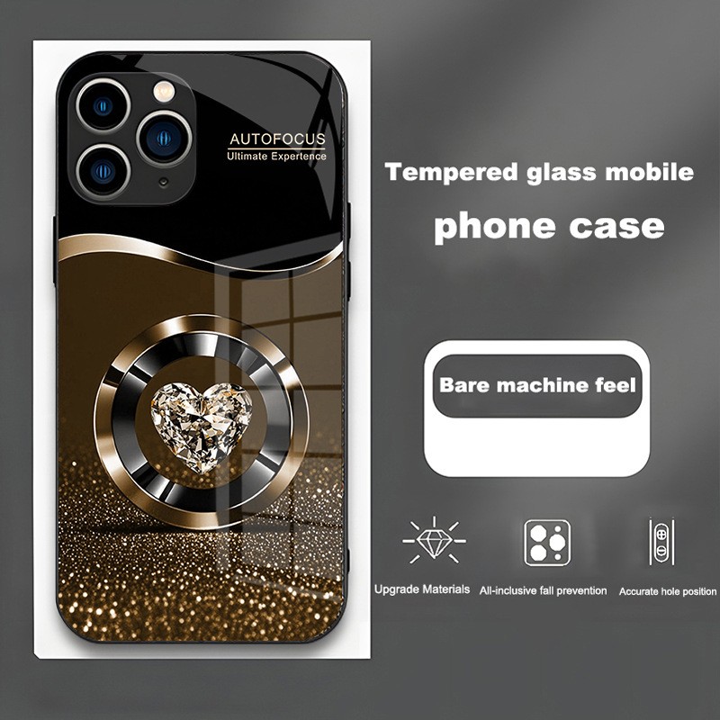 Diamond Heart Ring Tempered Glass Case, Shockproof Anti-Drop Case for iPhone 17