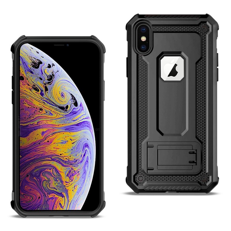 For iPhone XS Max Case TPU & PC Protective Cover Kickstand Magnetic Plate Black