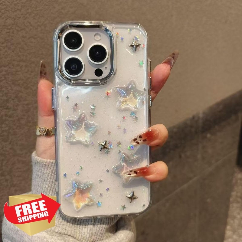 iPhone 16 Case Liquid Resin 3D Sequins Stars Transparent