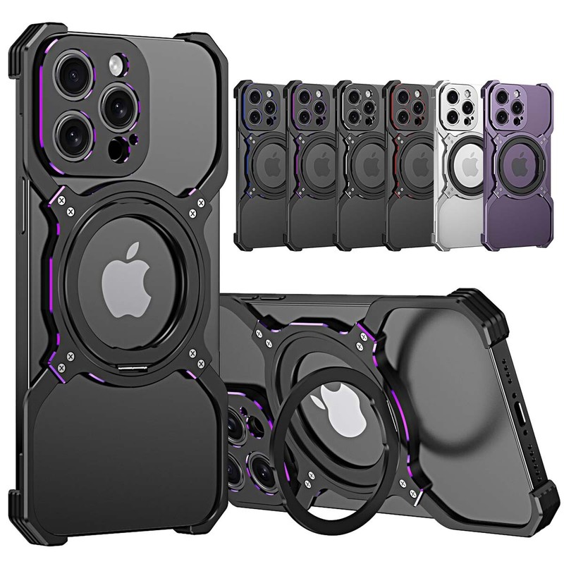 For iPhone 15 Pro Max 14 Plus 13 12 Frameless Metal Case with Mag Safe Kickstand