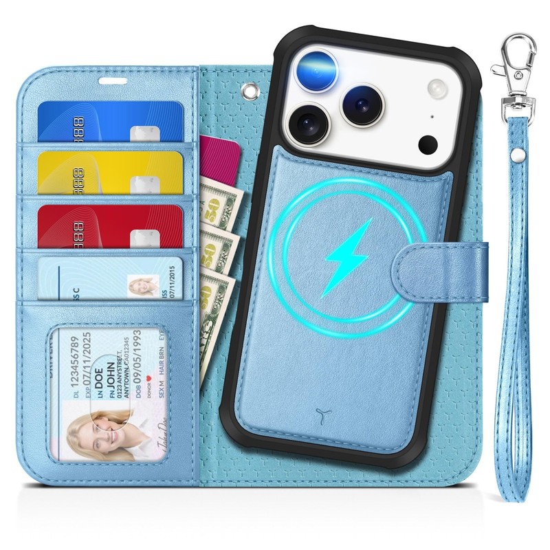 TUCCH Detachable Wrist Strap Wallet Case for iPhone 17 Pro Pearly Light Blue
