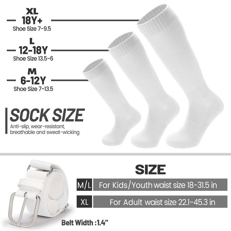 Baseball/Softball Socks and Belt Combo Set for Kids Youth Adult (M, White) gallery