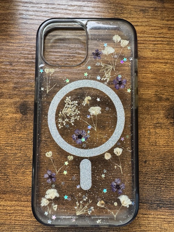Clear Purple White Floral Glitter Hard Plastic Case MagSafe for iPhone