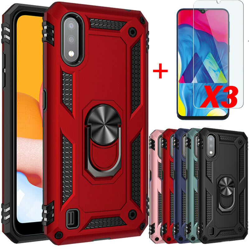 For Samsung Galaxy A10e Ring Case Shockproof Stand Cover + 3 Tempered Glass