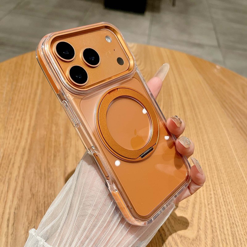 For iPhone 17 Pro Max/16 Crystal Clear Glossy Mag Safe Case with 360° Ring Stand