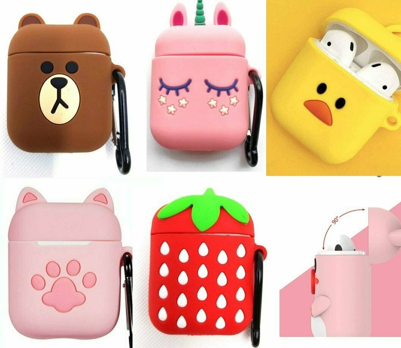 For Airpods 1 & 2 – Soft Silicone Rubber Case Cover Cute Cartoon Keychain Buckle