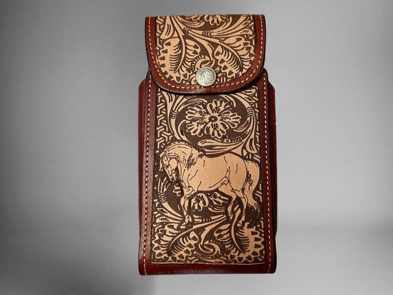 7”HORSE WESTERN LEATHER POUCH BELT LOOP PHONE HOLSTER CASE FUNDA CELULAR CABALLO