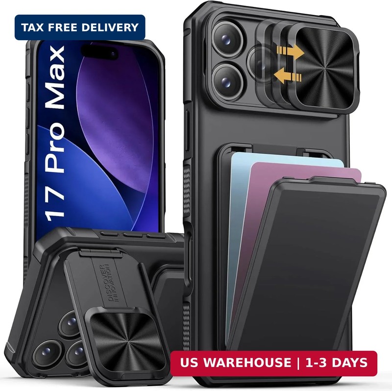 SSLOTSCASE for iPhone 17 Pro Max Case with Card Holder & Kickstand & Slide Camer