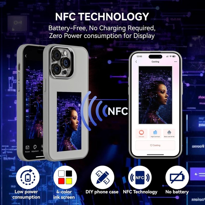NFC Smark Ink Screen Case for iPhone 16 15 14 13 DIY Display Imaging Grey/Black gallery