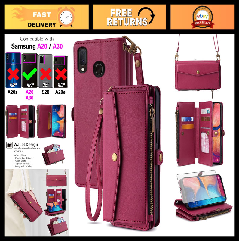 Zipper Wallet Phone Case for Samsung Galaxy A20 A30, Leather Card Holder, Stand,