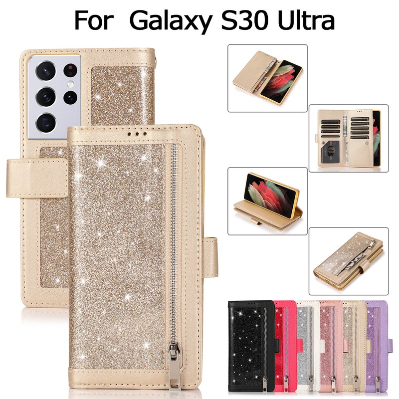 For Samsung Galaxy S22 Plus S22 Ultra Bling Leather Card Wallet Stand Phone Case