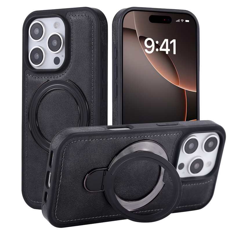 For iPhone 11 13 14 15 16 Pro Max Slim PU Leather Case with Magnetic Kickstand