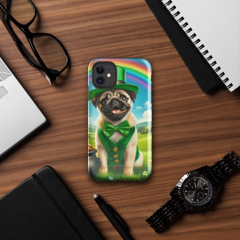 Tough Case for iPhone®-Pug-Leprechaun-St. Pattrick’s day- Rainbow-Pot of Gold