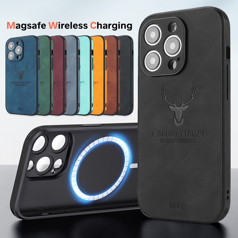 For iPhone 15 14 Plus 13 MagSafe Magnetic Leather Cover Elk Deer Back Case gallery