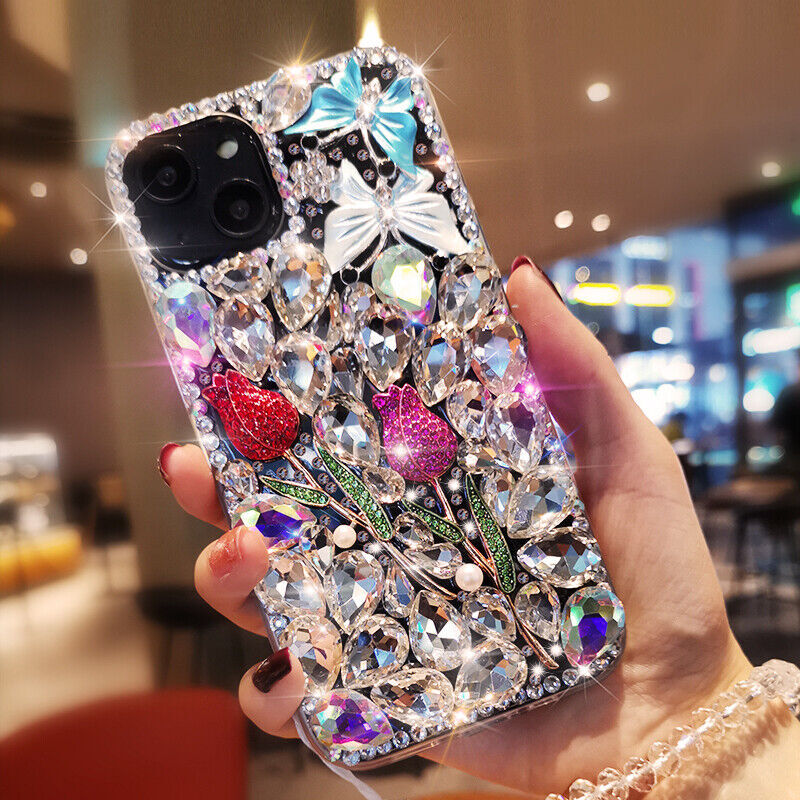 Girl/Women Bling Glitter Flower Diamonds Rhinestone Clear Rubber Back Phone Case gallery