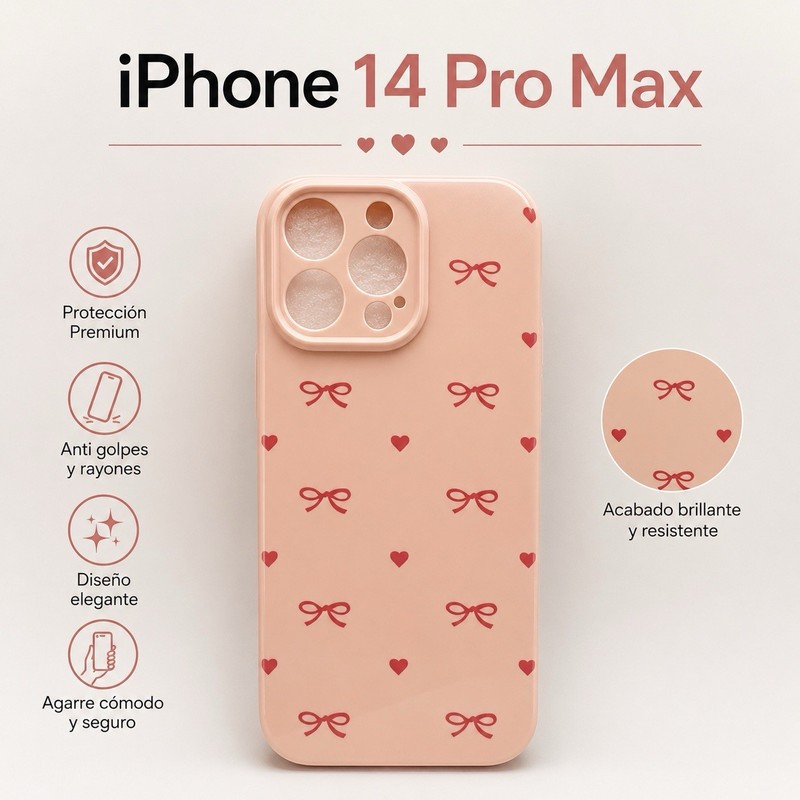 Pink Glossy Heart & Bow Pattern Back Case for Apple iPhone 14 Pro Max