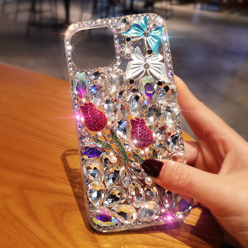 Girl/Women Bling Glitter Flower Diamonds Rhinestone Clear Rubber Back Phone Case gallery