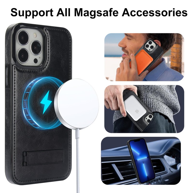 For iPhone 15 Pro Max 14 13 12 11 XS XR Magnetic Leather Mag-Safe Stand Case gallery