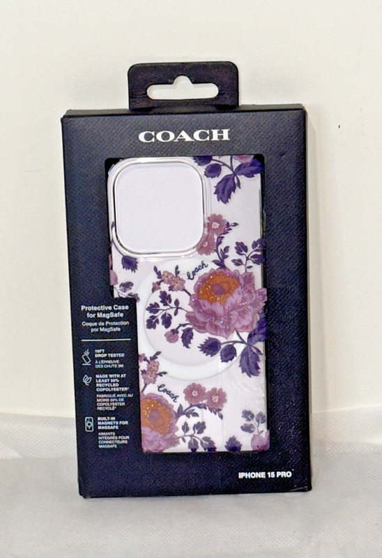 Coach iPhone 15 Pro MAGSAFE CASE Moody Floral Purple ROSES Glitter NEW Rigid