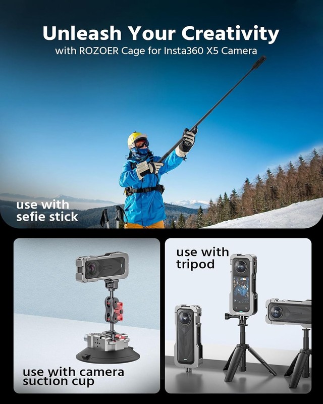 Aluminum Camera Cage | Insta360 X5 GoPro Cold Shoe 1/4”-20 Thread Lens Cover gallery