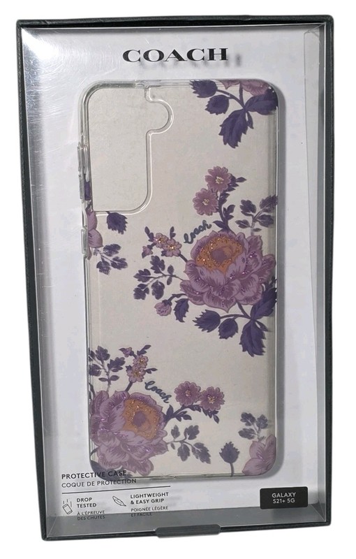 Coach Protective Hard Case for Samsung S21+ 5G Moody Floral Purple Glitter Clear
