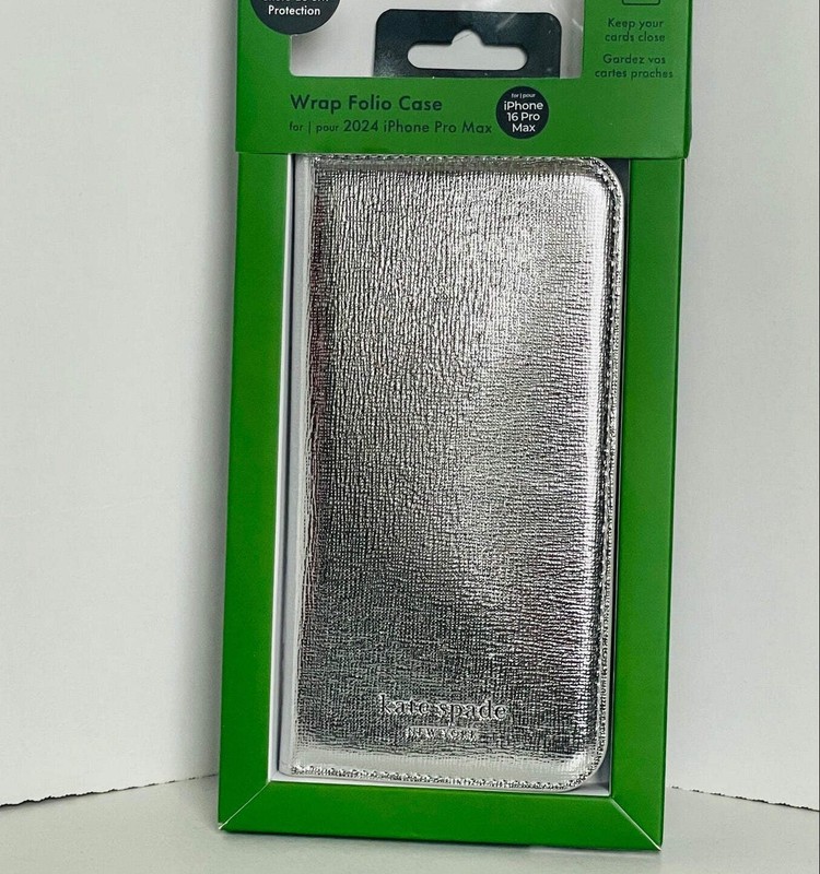 Kate Spade iPhone 16 Pro Max Folio Wrap Case Metallic Silver Faux Leather gallery