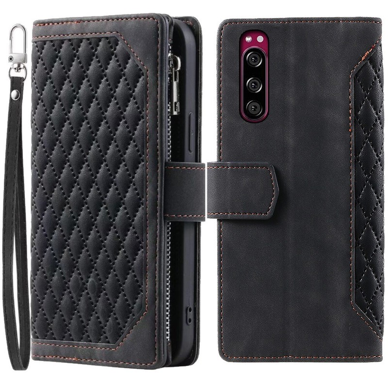 Rhombic Wallet Case,Luxury Leather Zipper Flip Card Phone Case For Sony Xperia 5