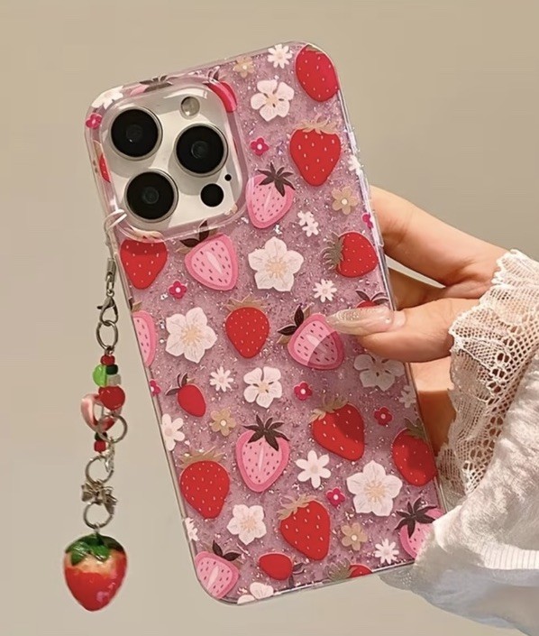 Strawberry Glitter Cartoon Pink TPU Charm Hard Case For iPhone