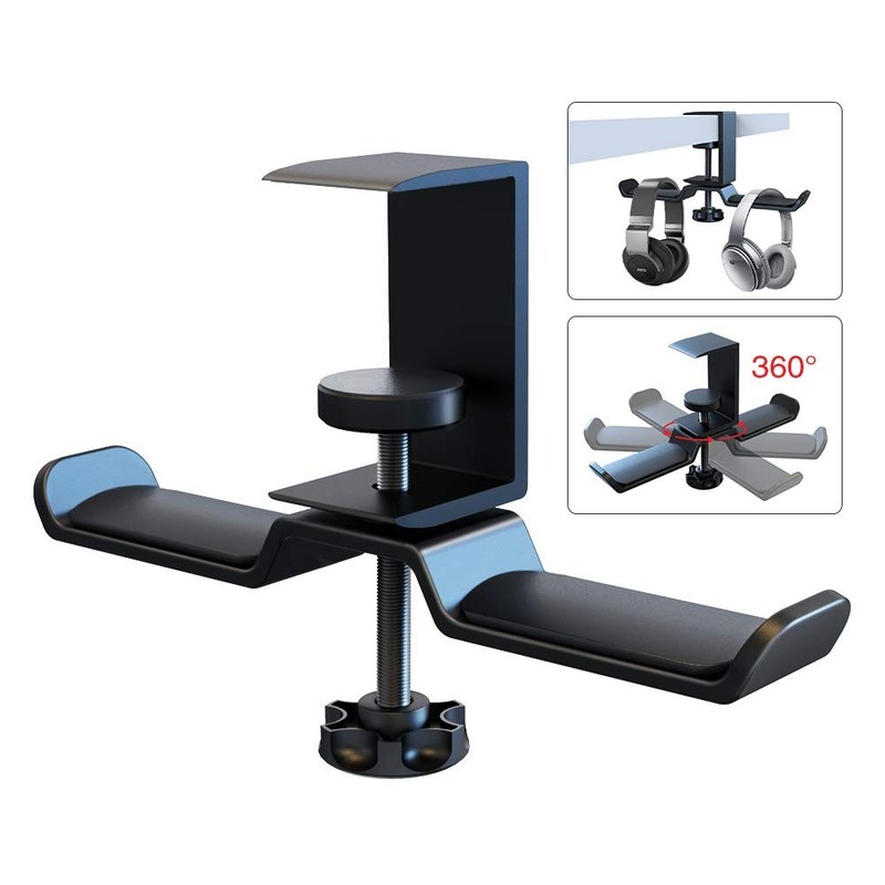 Dual Rotatable Headphone Stand Hanger Under Desk Clamp Headset Holder Aluminu…
