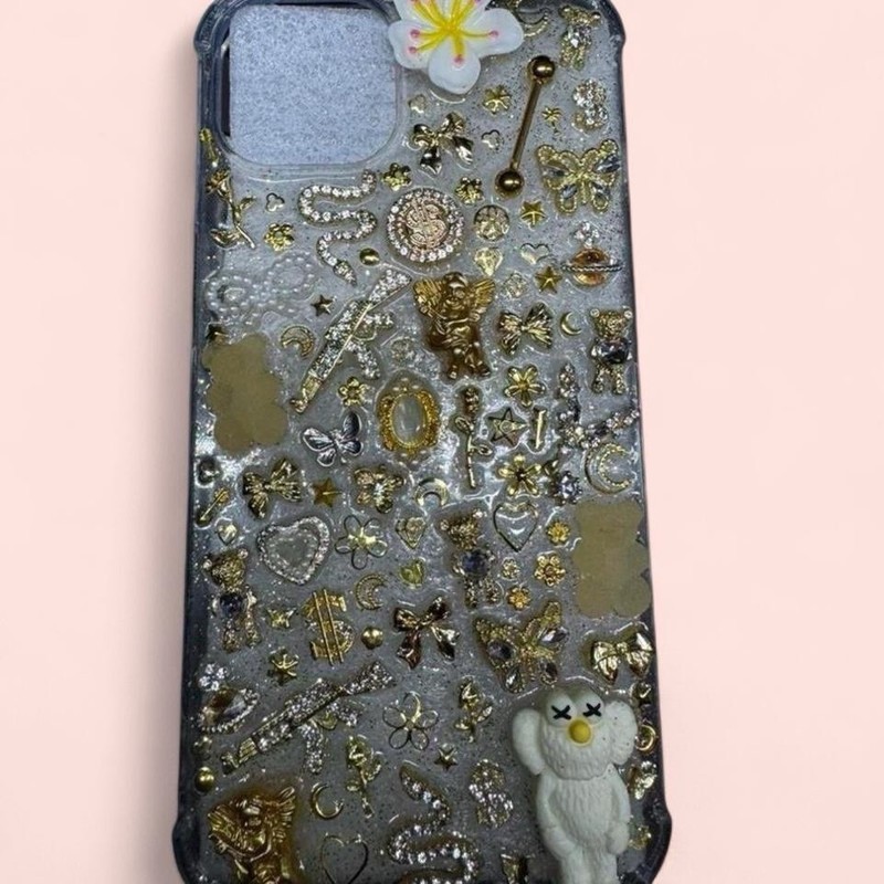 Iphone 13 Gold Charm Silicone Clear Rhinestone Phone Case