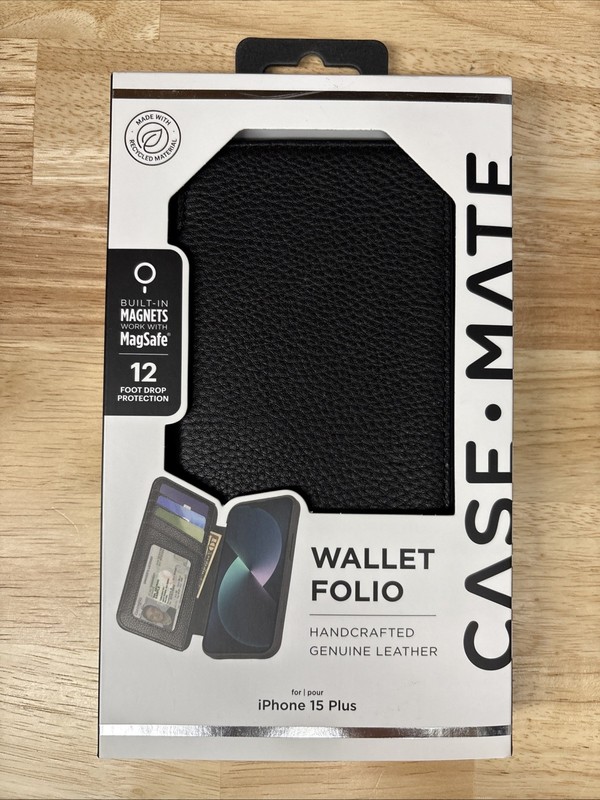 Case-Mate Wallet Folio MagSafe Case For Apple iPhone 15 Plus Black Leather NEW