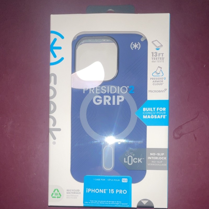 Speck Presidio2 Grip Anti-Slip Antimicrobial Case for iPhone 15 Pro Blue MagSafe