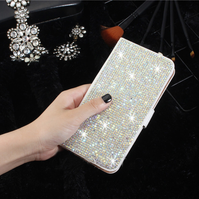 Rhinestone Bling PU Leather Glitter Crystal Diamond Card Wallet For Moto G Pure