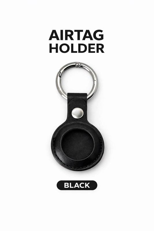 AirTag Holder Keychain Leather Case Compatible With Air Tag Key Ring Cover Black