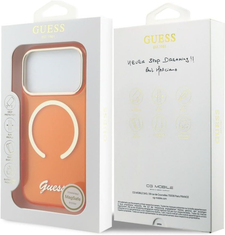 Guess IML Script Metal Logo Case with MagSafe for iPhone 17 Pro Max 6.9″ Orange