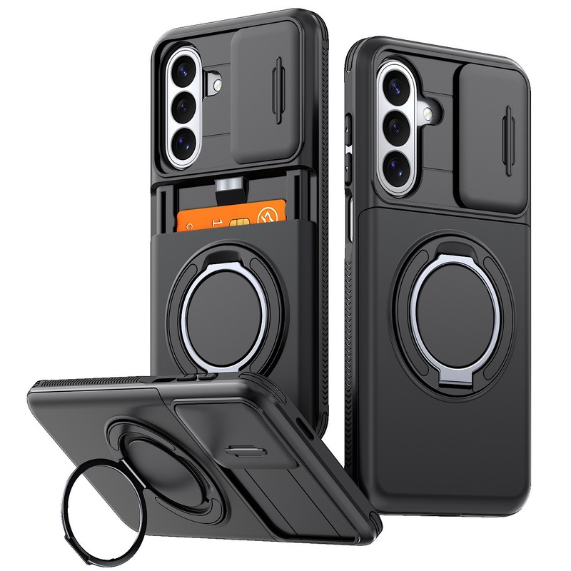 For Samsung Galaxy A17 Armor Case A06 A07 Slide Camera Card Holder Stand Cover