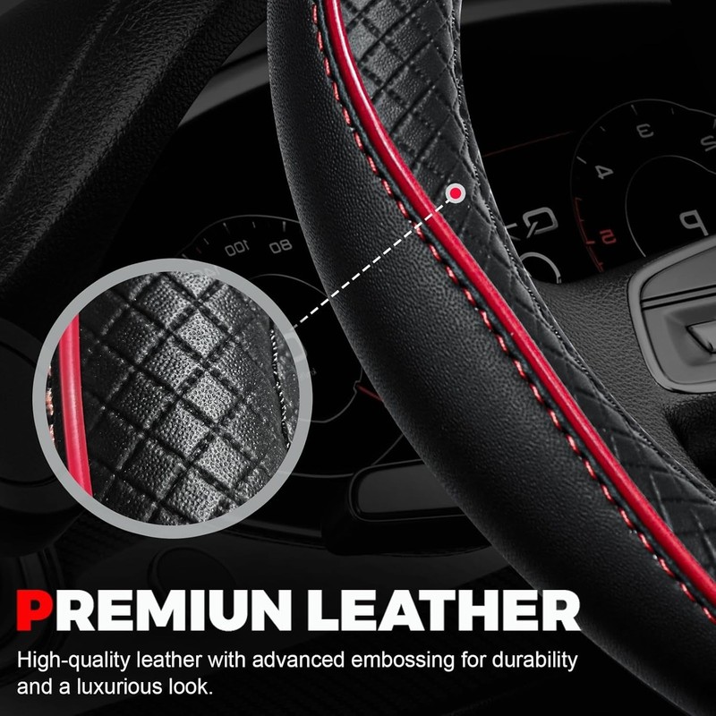 Car Steering Wheel Cover, Microfiber Leather Steering Wheel Covers with Red line gallery