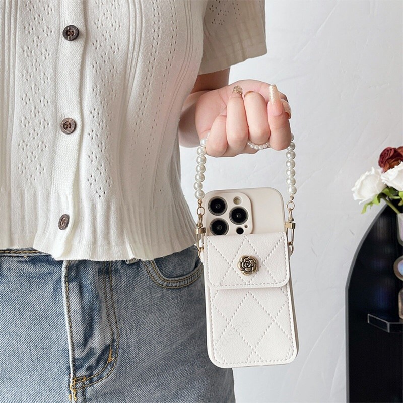 Case For iPhone 17/16/15/14/13 Card Wallet Pearl Crossbody Strap Phone Cover Bag gallery