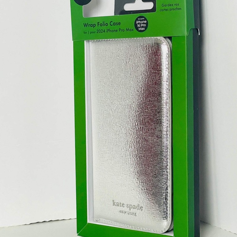 Kate Spade iPhone 16 Pro Max Folio Wrap Case Metallic Silver Faux Leather gallery